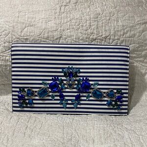 Express Blue and White Striped Clutch with Jewel Accents